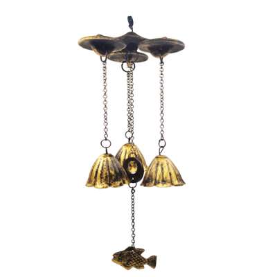 home decor 3 bells fish charm metal antique looks indoor outdoor wind bell  wind chime